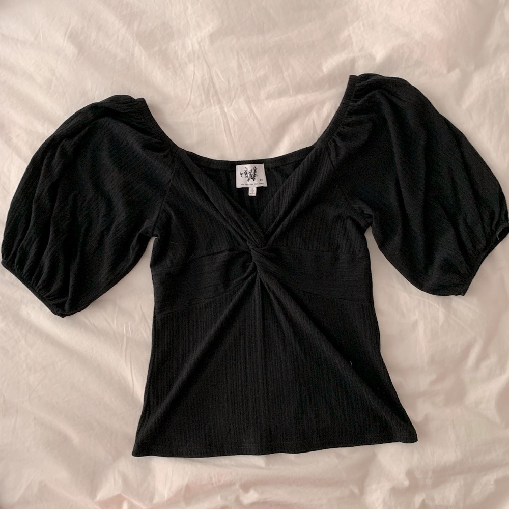 3/$10 Cute black top size small with v neck and puffed sleeves